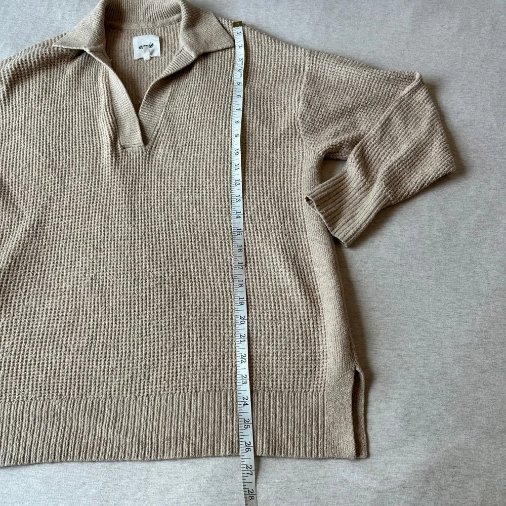 Aerie Womens XS Oversized Waffle Knit Polo Sweater‎ Tan V-Neck Long Sleeve